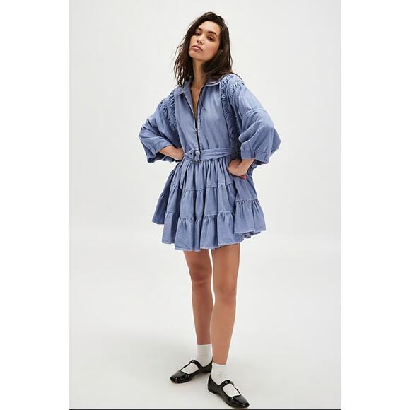 Free People Hampton Mini Dress Size Medium Blue Cotton - Picture 2 of 9